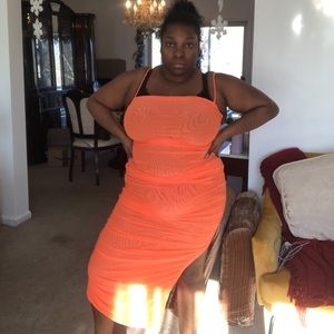Never worn Neon Orange ruched mesh midi dress
